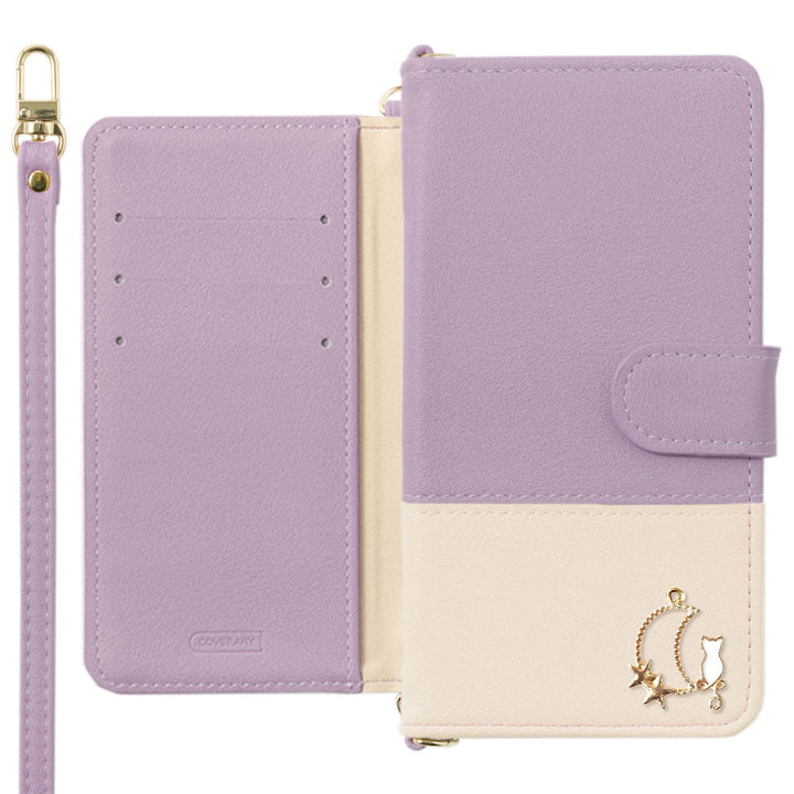 Vegan leather, front muted bicolor, Moon Cat Deco, with shoulder strap, notebook-style case (with belt) for Galaxy series