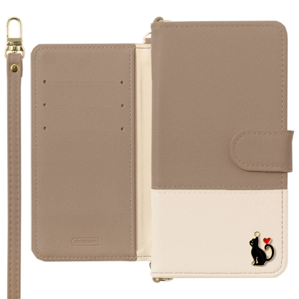 Étui portefeuille avec sangle d'épaule, en cuir végan bicolore terne, décor cœur chat (avec ceinture) pour la série Xperia
