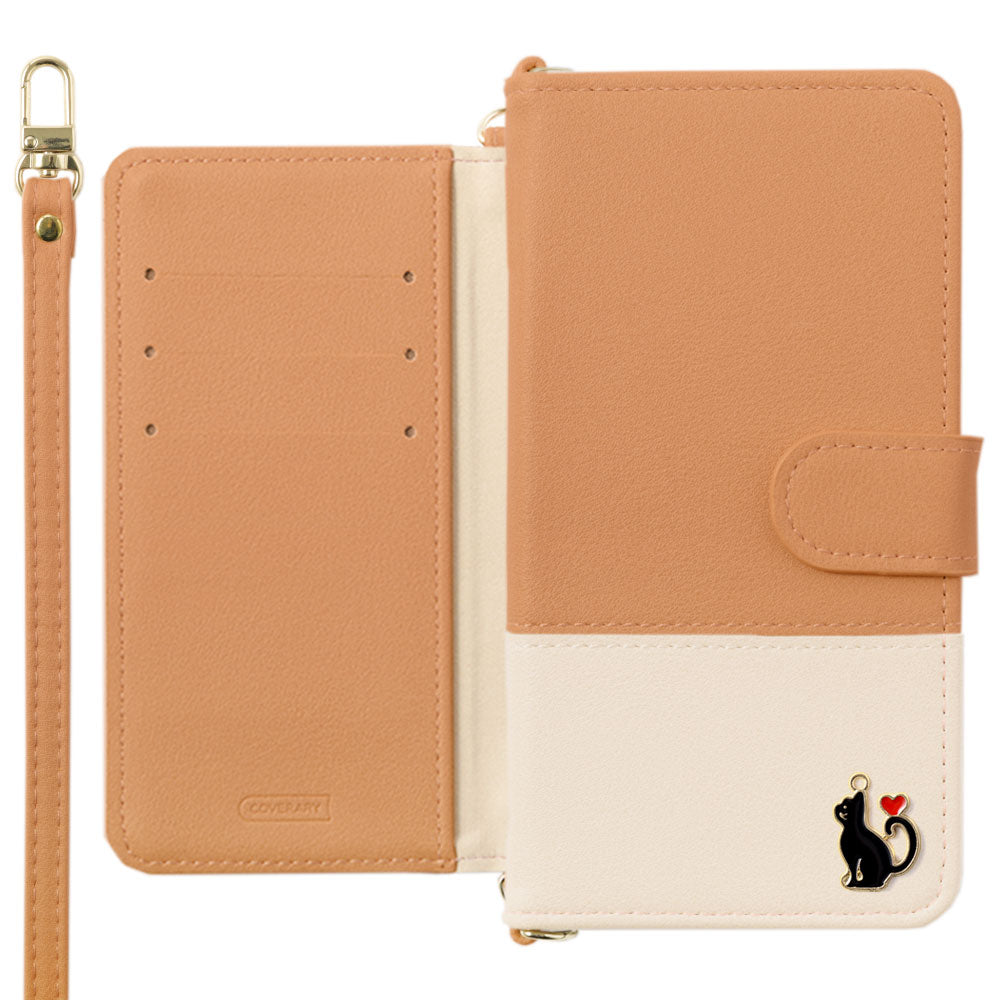 Vegan leather front dull bicolor heart cat deco with shoulder strap notebook-style case (with belt) AQUOS series