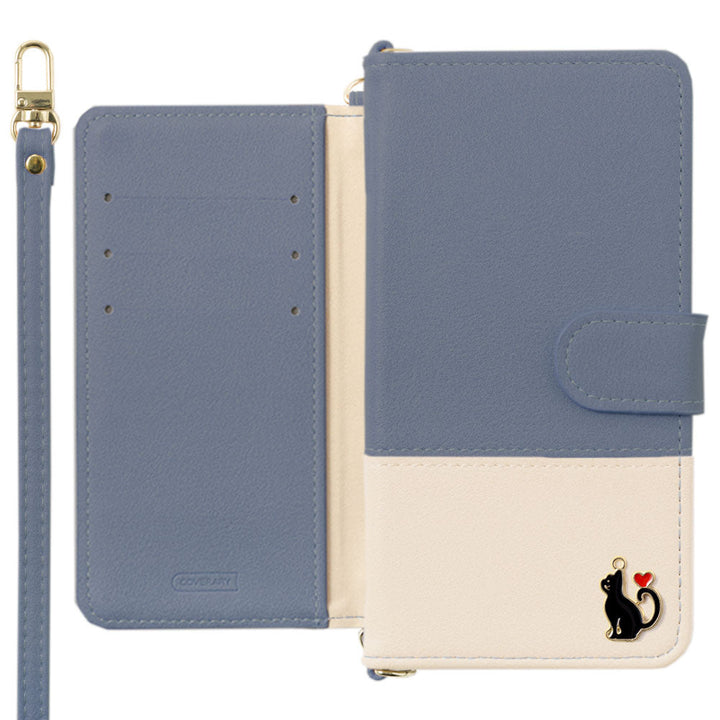 Vegan leather front dull bicolor heart cat deco with shoulder strap notebook-style case (with belt) AQUOS series