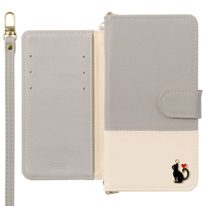 Vegan leather front dull bicolor heart cat deco with shoulder strap notebook-style case (with belt) AQUOS series