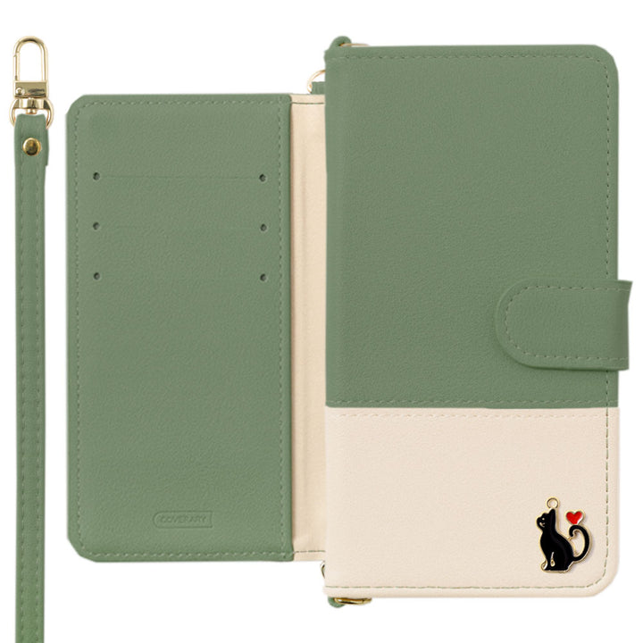 Vegan leather front dull bicolor heart cat deco with shoulder strap notebook-style case (with belt)