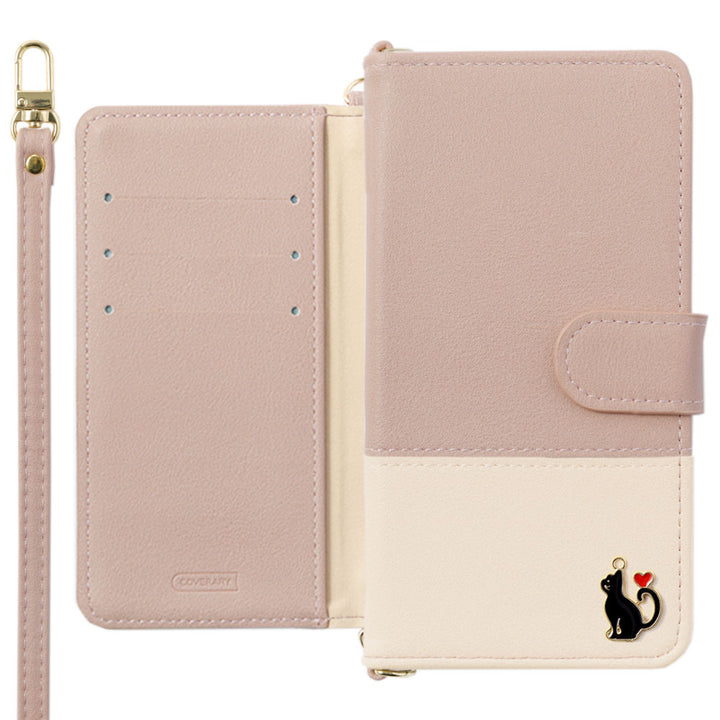 Vegan leather front dull bicolor heart cat deco with shoulder strap notebook-style case (with belt)