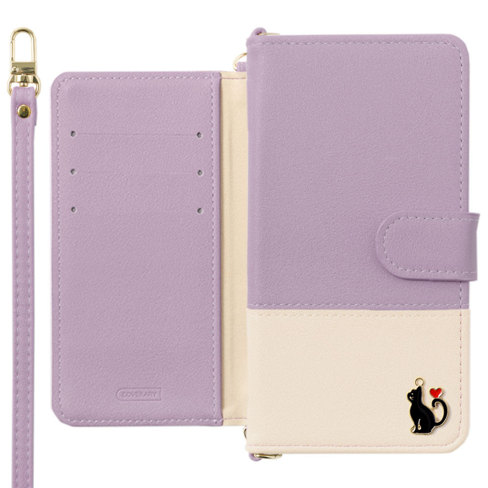 Vegan leather front dull bicolor heart cat deco with shoulder strap notebook-style case (with belt)