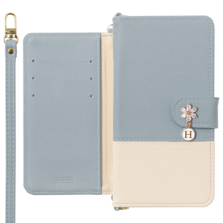 Vegan leather front dull bicolor shoulder strap with flower initial charm notebook-style case (with belt) AQUOS series