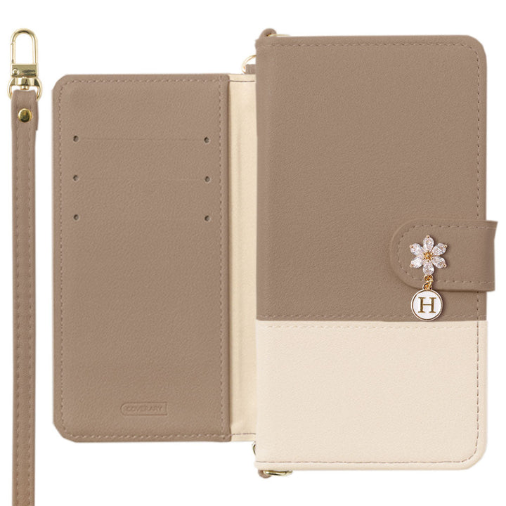 Vegan leather, front muted bicolor, with shoulder strap, flower initial charm, notebook-style case (with belt)