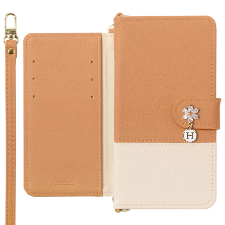 Cuir végan bicolore terne à l'extérieur avec bandoulière Charm fleur initiale Étui portefeuille (avec ceinture) Série Galaxy