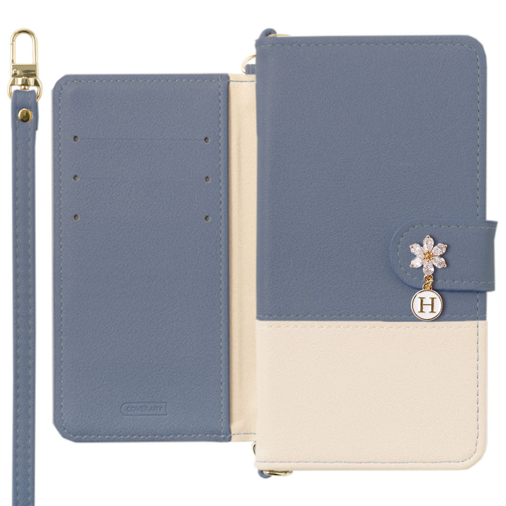Vegan leather, front muted bicolor, with shoulder strap, flower initial charm, notebook-style case (with belt) for Google Pixel series