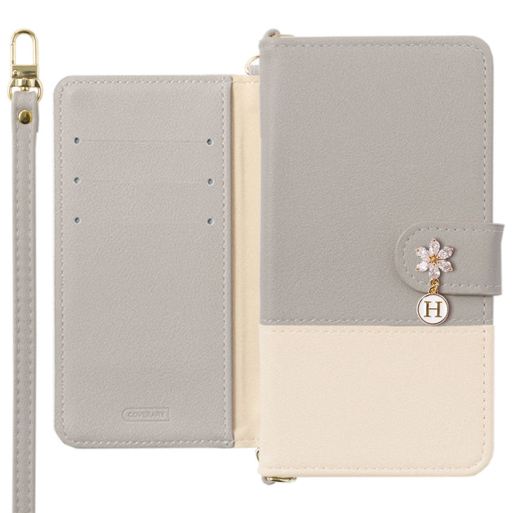Vegan leather, front muted bicolor, with shoulder strap, flower initial charm, notebook-style case (with belt)