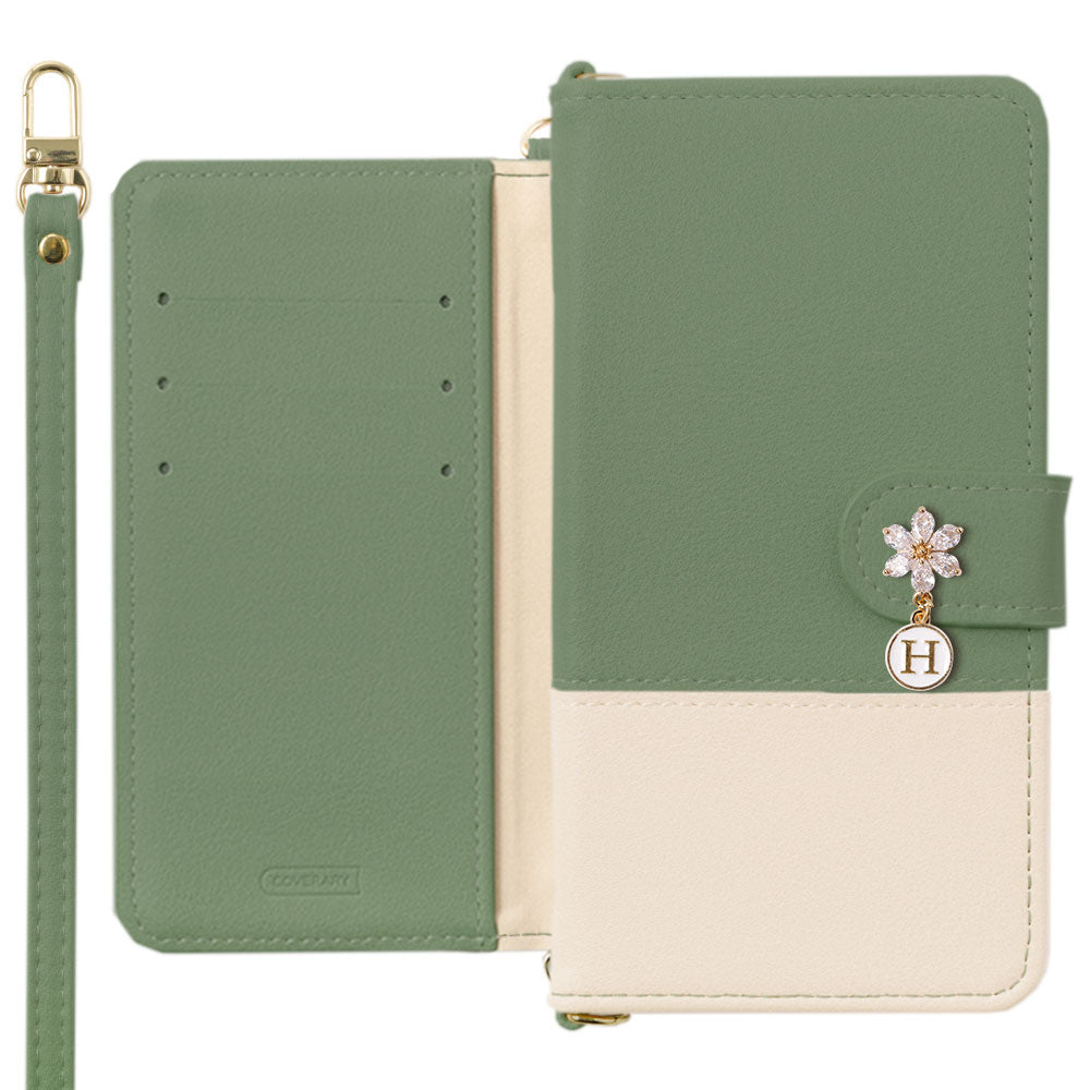 Vegan leather front dull bicolor shoulder strap with flower initial charm notebook-style case (with belt) AQUOS series