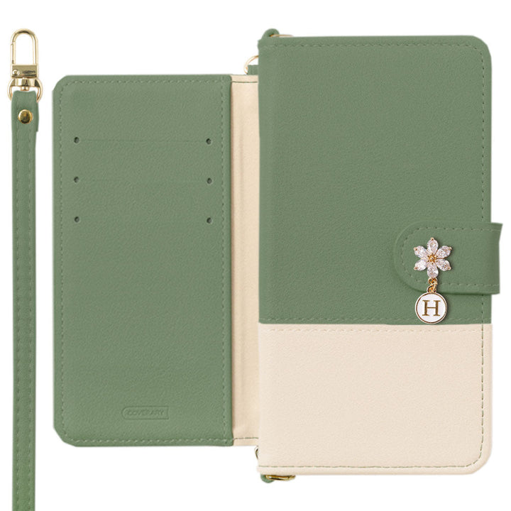 Vegan leather, front muted bicolor, with shoulder strap, flower initial charm, notebook-style case (with belt)