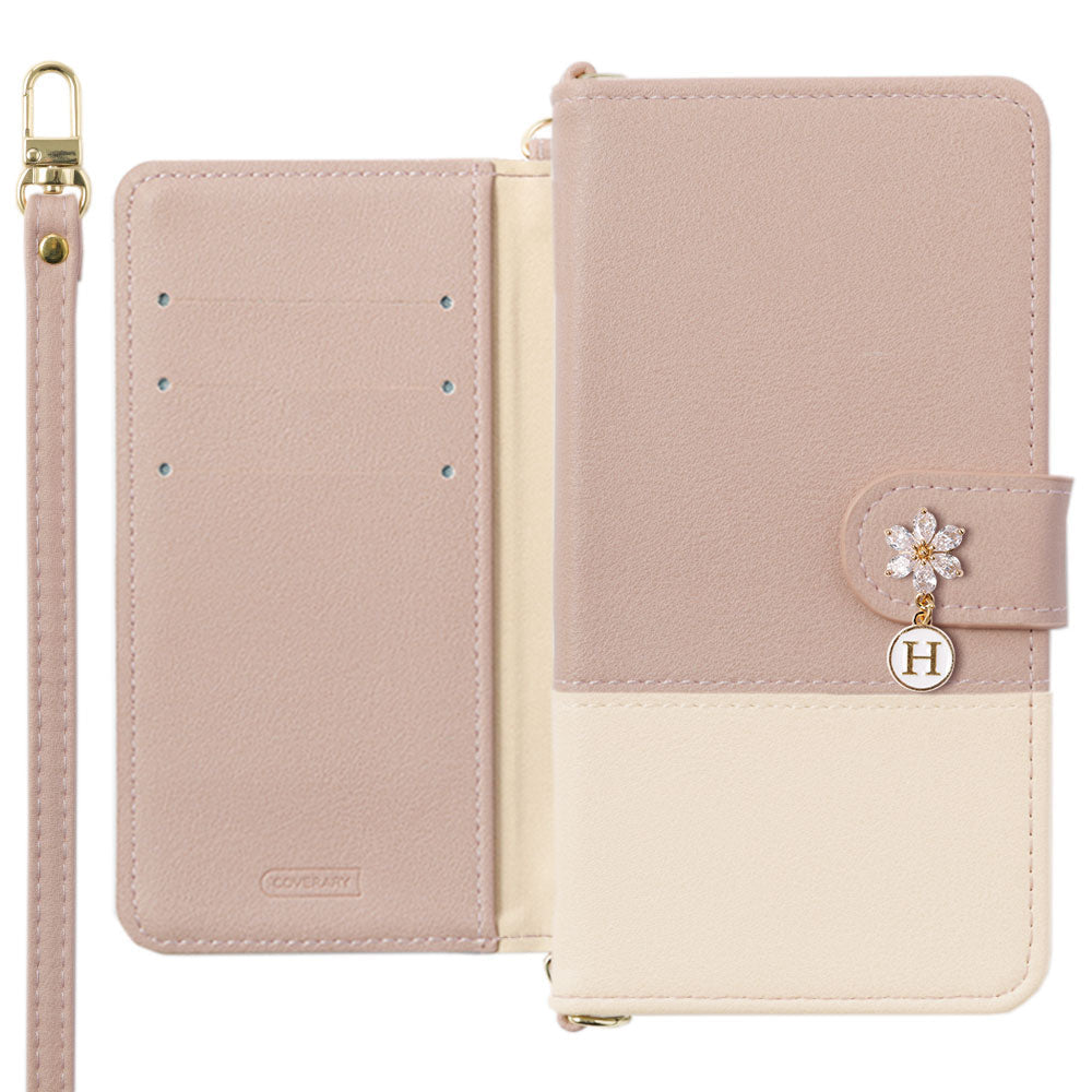 Vegan leather front dull bicolor shoulder strap with flower initial charm notebook-style case (with belt) AQUOS series