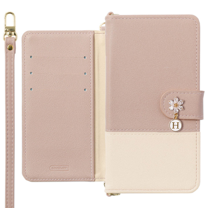 Vegan leather, front muted bicolor, with shoulder strap, flower initial charm, notebook-style case (with belt)