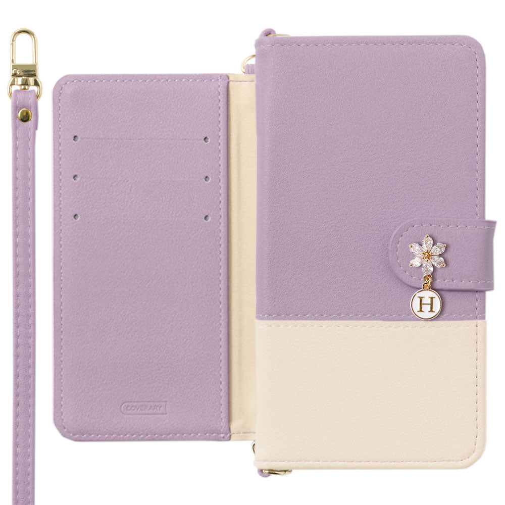 Vegan leather front dull bicolor shoulder strap with flower initial charm notebook-style case (with belt) AQUOS series