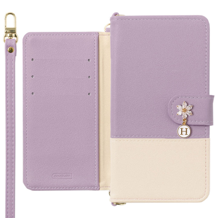 Vegan leather front dull bicolor shoulder strap with flower initial charm notebook-style case (with belt) AQUOS series