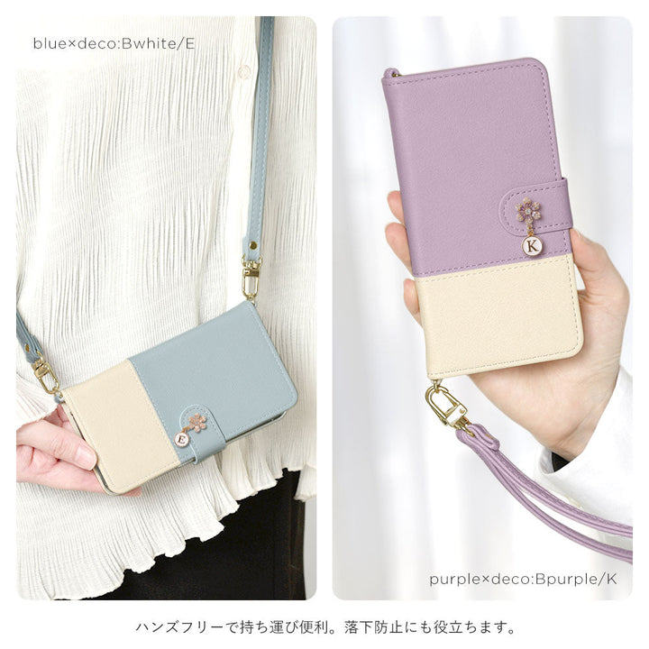 Vegan leather, front muted bicolor, with shoulder strap, flower initial charm, notebook-style case (with belt) for Google Pixel series