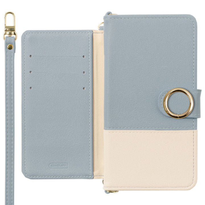 Étui portefeuille avec fonction support, anneau doré, bicolore terne sur le devant en cuir végan, avec bandoulière (avec ceinture) pour la série AQUOS