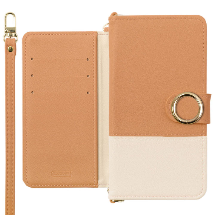 Étui portefeuille avec fonction support, bicolore extérieur terne en cuir végan, anneau doré, bandoulière incluse (avec ceinture) pour la série iPhone