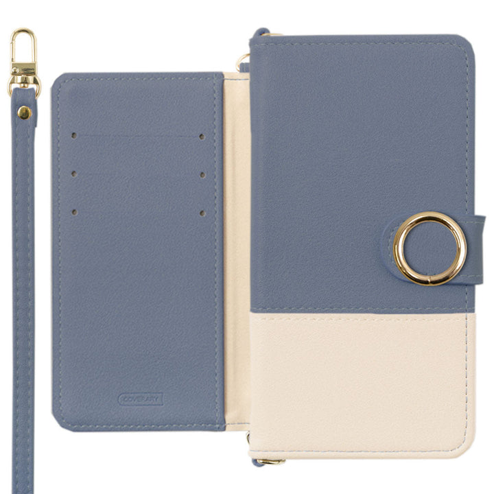 Étui portefeuille avec fonction support, anneau doré, bicolore terne sur le devant en cuir végan, avec bandoulière (avec ceinture) pour la série AQUOS