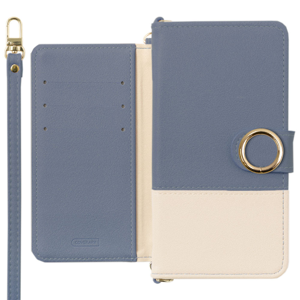 Étui portefeuille avec fonction support, anneau doré, bicolore terne sur le devant en cuir végan, avec bandoulière (avec ceinture) pour la série Google Pixel