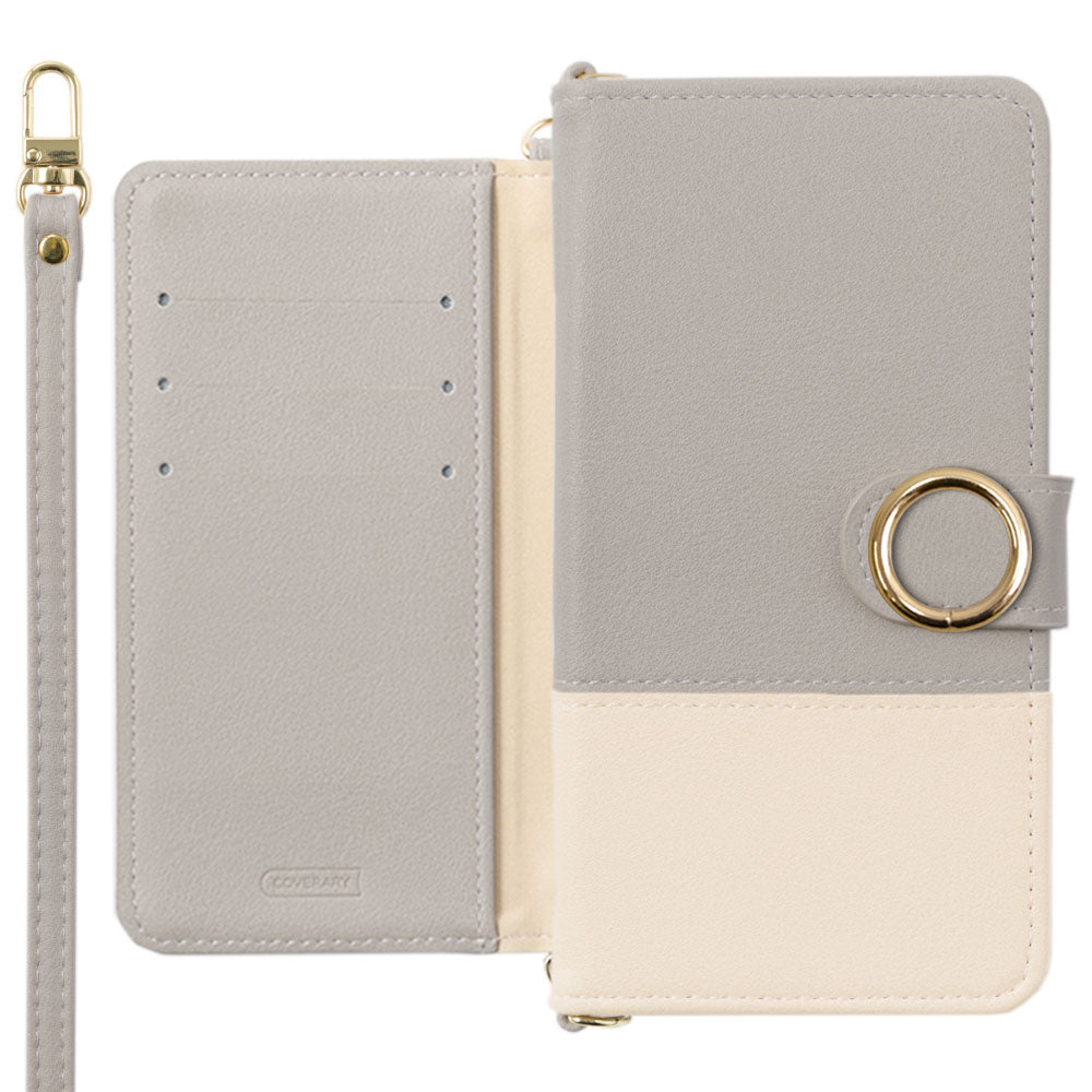 Étui portefeuille avec fonction support, bandoulière, cuir végan bicolore terne à l'extérieur, anneau doré (avec ceinture)