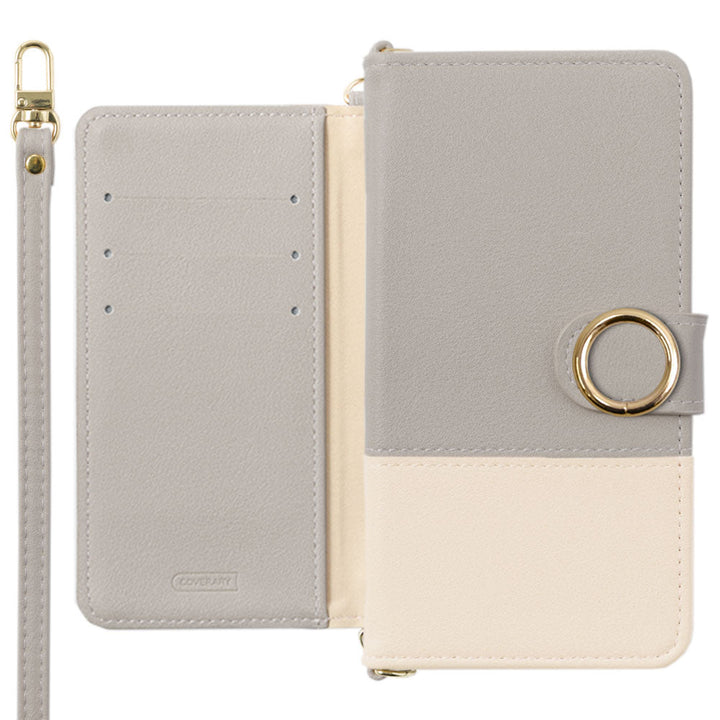 Étui portefeuille avec fonction support, bandoulière, cuir végan bicolore terne à l'extérieur, anneau doré (avec ceinture)