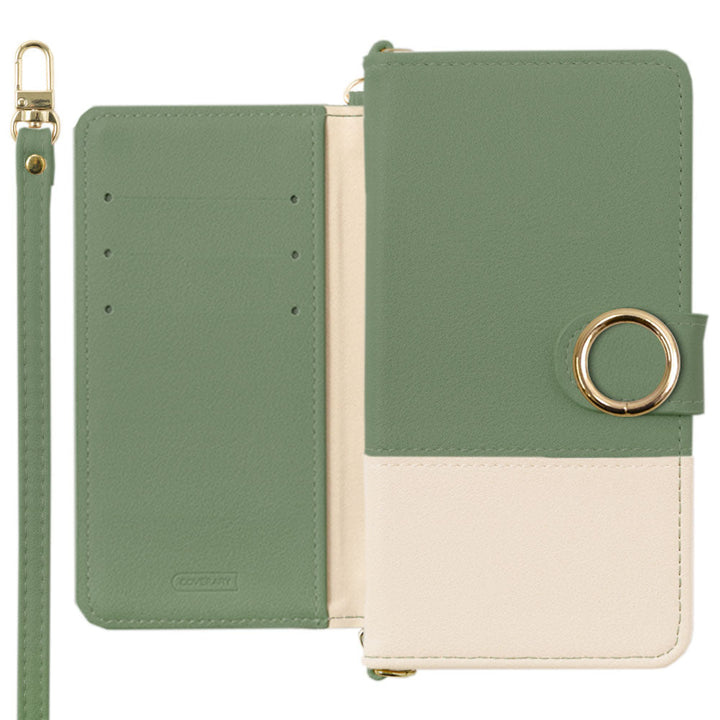 Étui portefeuille avec fonction support, anneau doré, bicolore terne sur le devant en cuir végan, avec bandoulière (avec ceinture) pour la série AQUOS