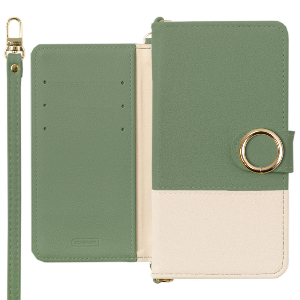 Étui portefeuille avec fonction support, bandoulière, cuir végan bicolore terne à l'extérieur, anneau doré (avec ceinture)