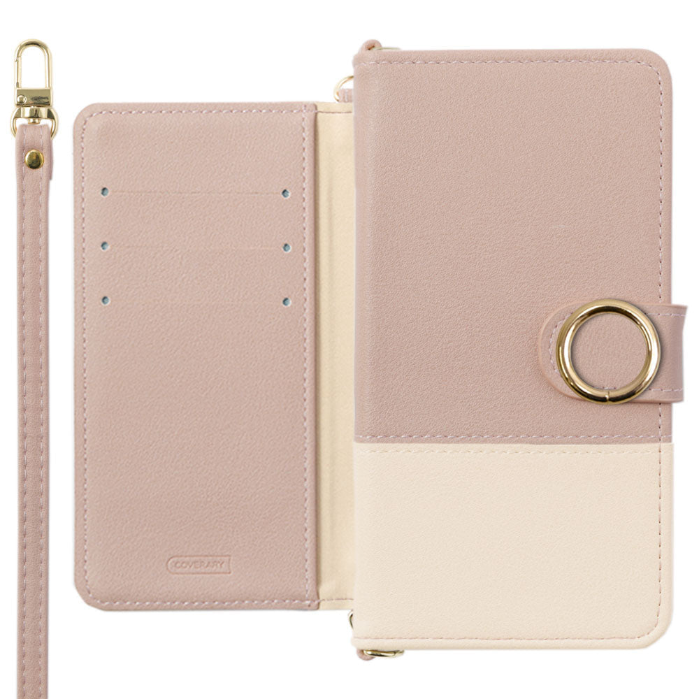 Étui portefeuille avec fonction support, bicolore extérieur terne en cuir végan, anneau doré, bandoulière incluse (avec ceinture) pour la série iPhone