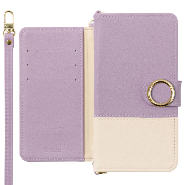 Étui portefeuille avec fonction support, bicolore extérieur terne en cuir végan, anneau doré, bandoulière incluse (avec ceinture) pour la série iPhone