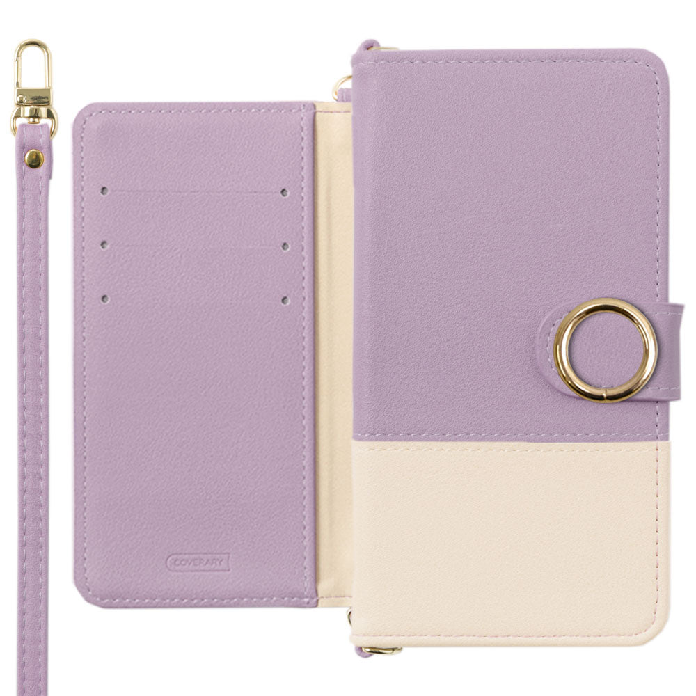 Étui portefeuille avec fonction support, anneau doré, bicolore terne sur le dessus en cuir végan, avec bandoulière (avec ceinture) pour la série Galaxy