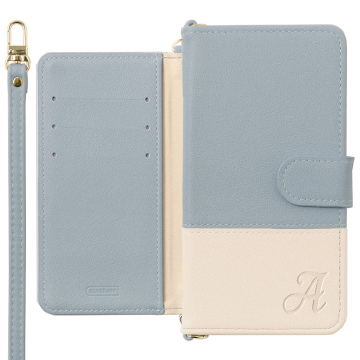 ヴィーガンレザー 表くすみバイカラー イニシャル スタンド機能 ショルダーストラップ付き 手帳型ケース（ベルトあり）