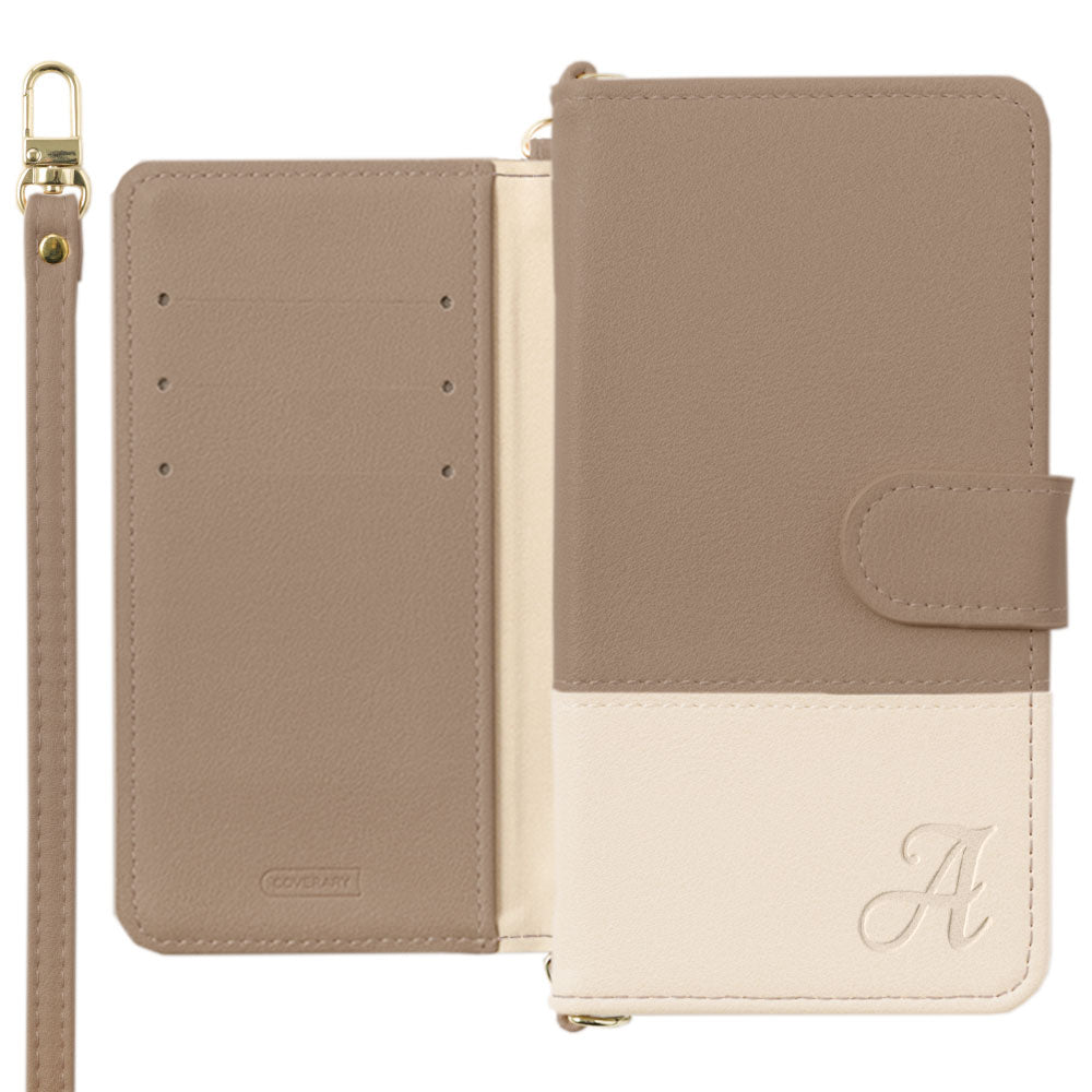 ヴィーガンレザー 表くすみバイカラー イニシャル スタンド機能 ショルダーストラップ付き 手帳型ケース（ベルトあり）