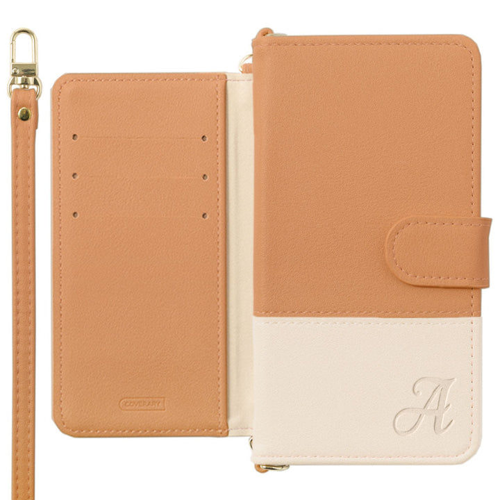 ヴィーガンレザー 表くすみバイカラー イニシャル スタンド機能 ショルダーストラップ付き 手帳型ケース（ベルトあり）