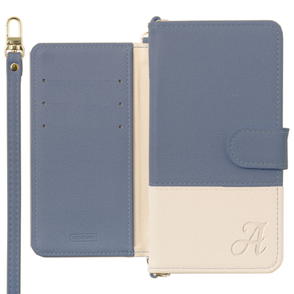 ヴィーガンレザー 表くすみバイカラー イニシャル スタンド機能 ショルダーストラップ付き 手帳型ケース（ベルトあり）