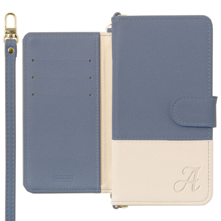 ヴィーガンレザー 表くすみバイカラー イニシャル スタンド機能 ショルダーストラップ付き 手帳型ケース（ベルトあり）