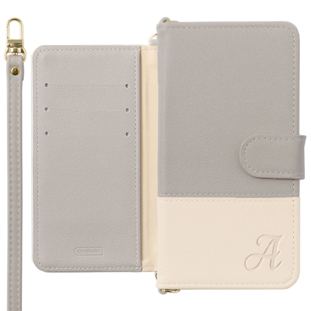 ヴィーガンレザー 表くすみバイカラー イニシャル スタンド機能 ショルダーストラップ付き 手帳型ケース（ベルトあり）