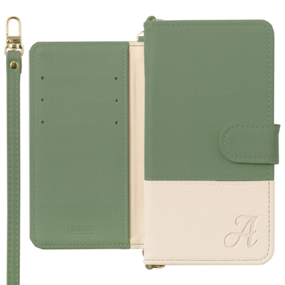 ヴィーガンレザー 表くすみバイカラー イニシャル スタンド機能 ショルダーストラップ付き 手帳型ケース（ベルトあり）