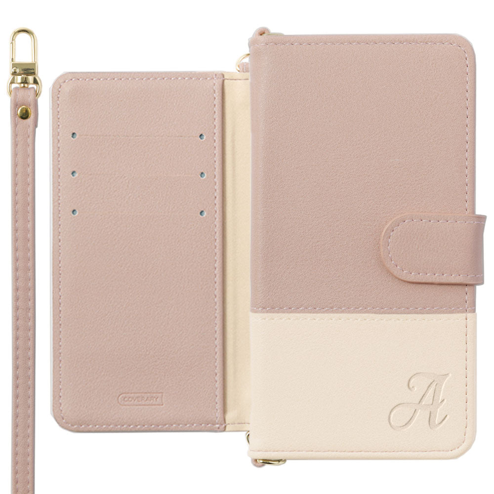 ヴィーガンレザー 表くすみバイカラー イニシャル スタンド機能 ショルダーストラップ付き 手帳型ケース（ベルトあり）