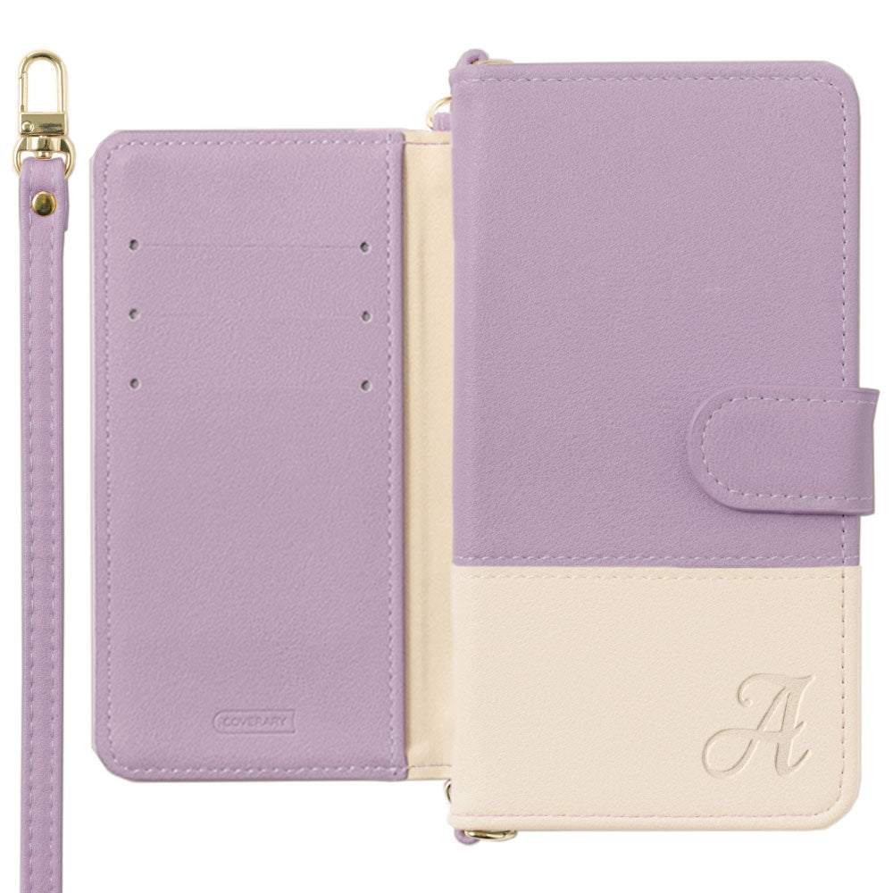 ヴィーガンレザー 表くすみバイカラー イニシャル スタンド機能 ショルダーストラップ付き 手帳型ケース（ベルトあり）