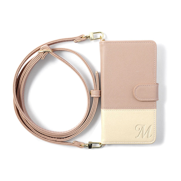 ヴィーガンレザー 表くすみバイカラー イニシャル スタンド機能 ショルダーストラップ付き 手帳型ケース（ベルトあり）