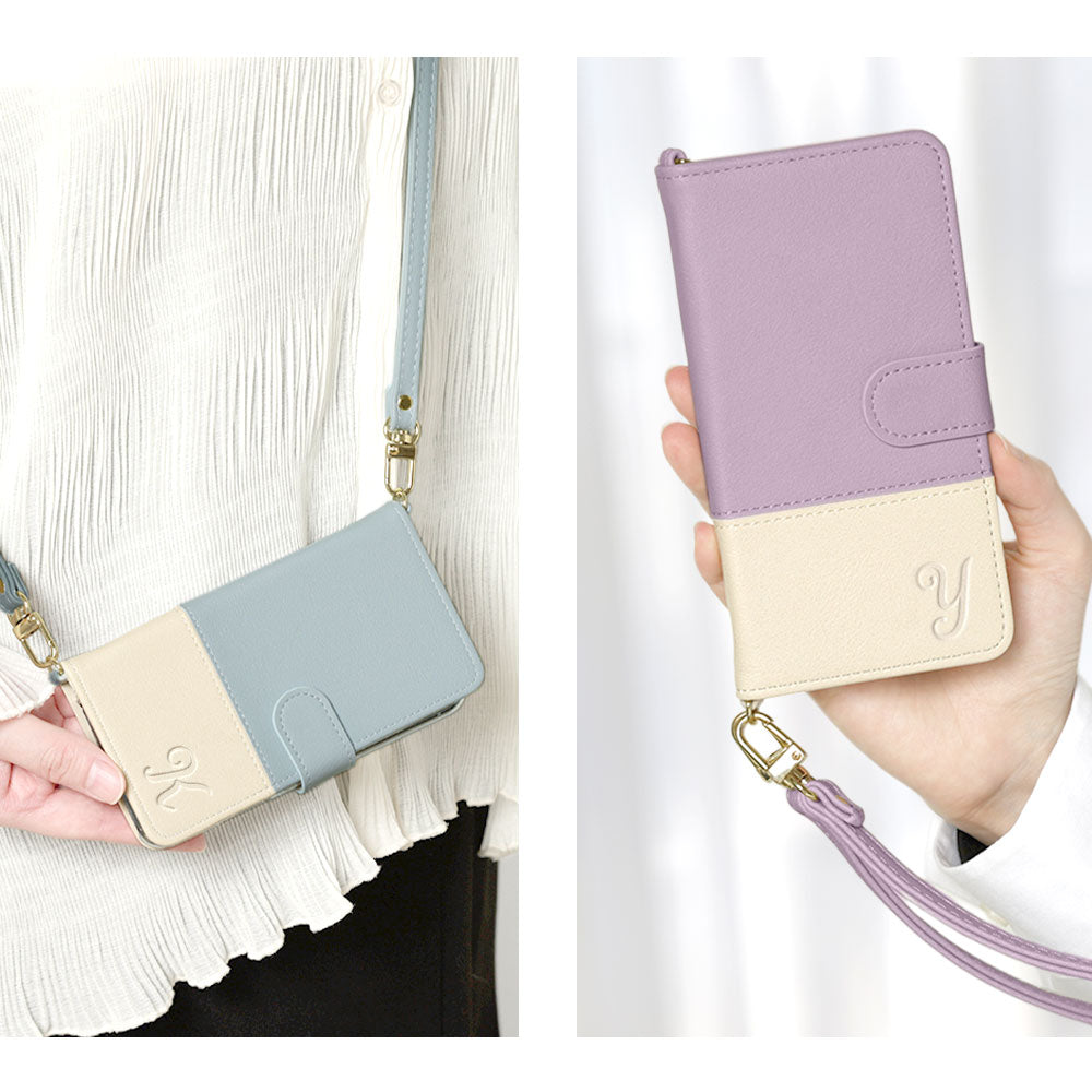 ヴィーガンレザー 表くすみバイカラー イニシャル スタンド機能 ショルダーストラップ付き 手帳型ケース（ベルトあり）