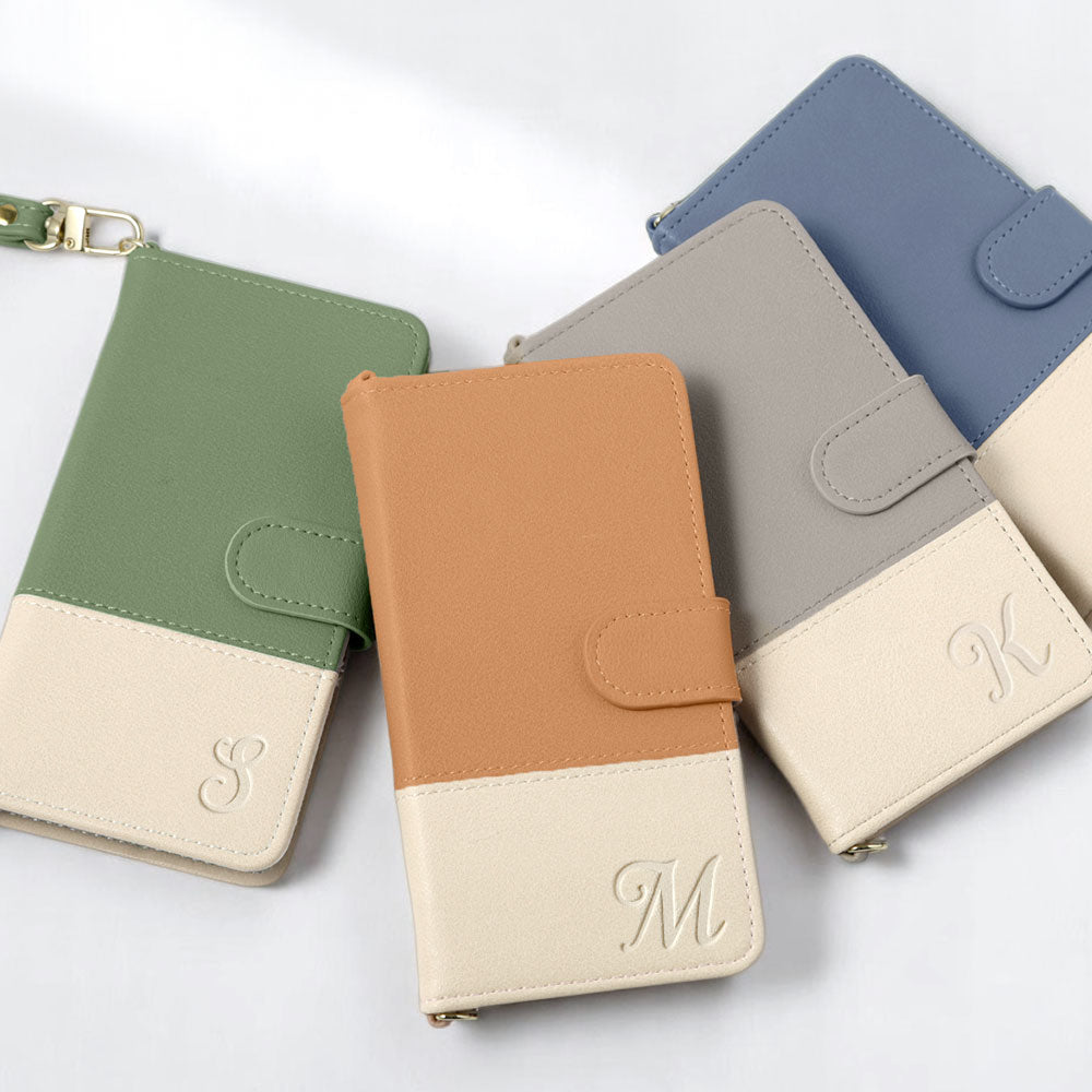 ヴィーガンレザー 表くすみバイカラー イニシャル スタンド機能 ショルダーストラップ付き 手帳型ケース（ベルトあり）