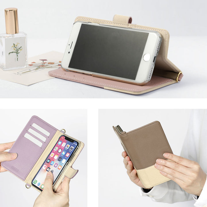 ヴィーガンレザー 表くすみバイカラー イニシャル スタンド機能 ショルダーストラップ付き 手帳型ケース（ベルトあり）