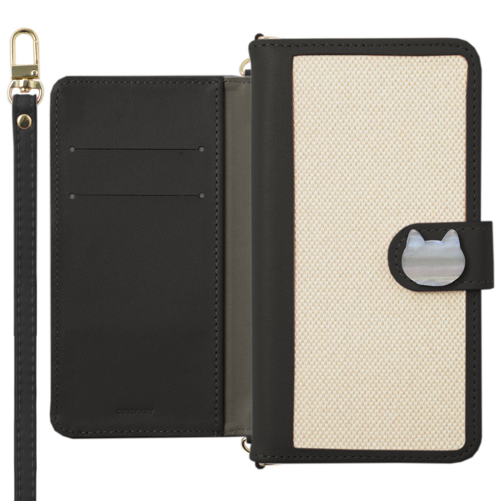 Étui portefeuille à rabat avec décoration chat, mélange de cuir véritable et toile, fonction support, avec bandoulière (avec ceinture) pour la série iPhone