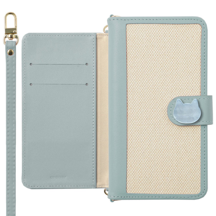 Étui portefeuille à rabat avec décoration chat, mélange de cuir véritable et toile, fonction support, avec bandoulière (avec ceinture) pour la série iPhone