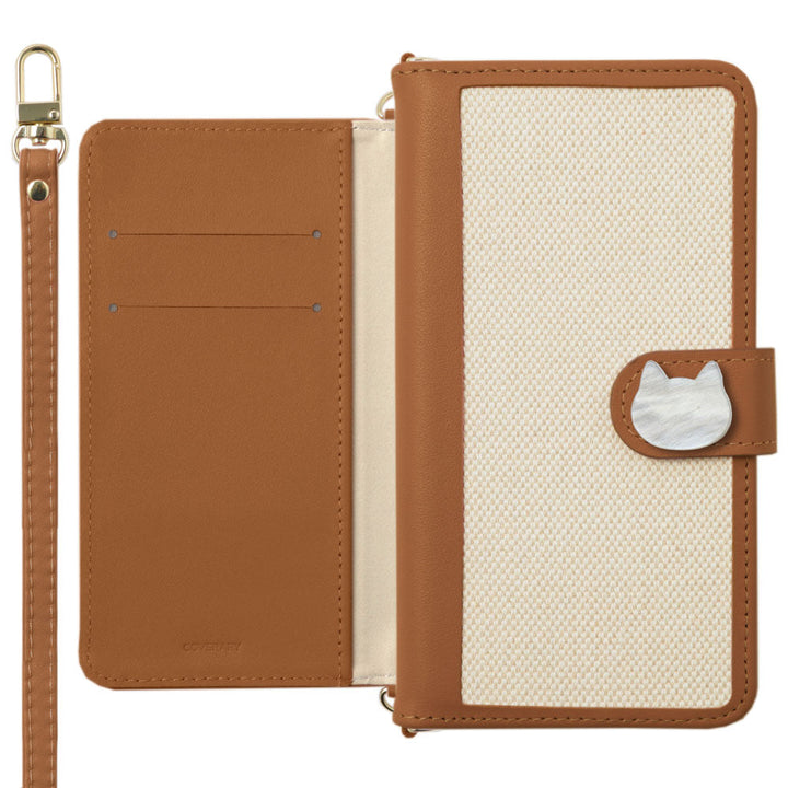 Étui portefeuille à rabat avec décoration chat, mélange de cuir véritable et toile, fonction support, avec bandoulière (avec ceinture) pour la série iPhone