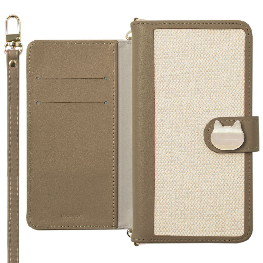 本革 レザー×キャンバス異素材MIX スタンド機能 ショルダーストラップ付き キャットデコ 手帳型ケース（ベルトあり）AQUOSシリーズ