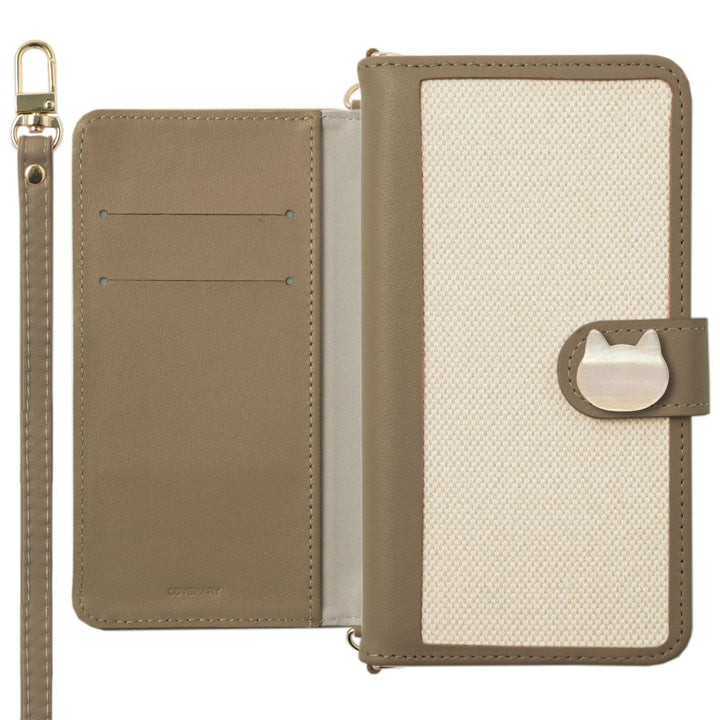 Genuine Leather × Canvas Mixed Material Stand Function Shoulder Strap Included Cat Deco Wallet Case (With Belt) Galaxy Series
