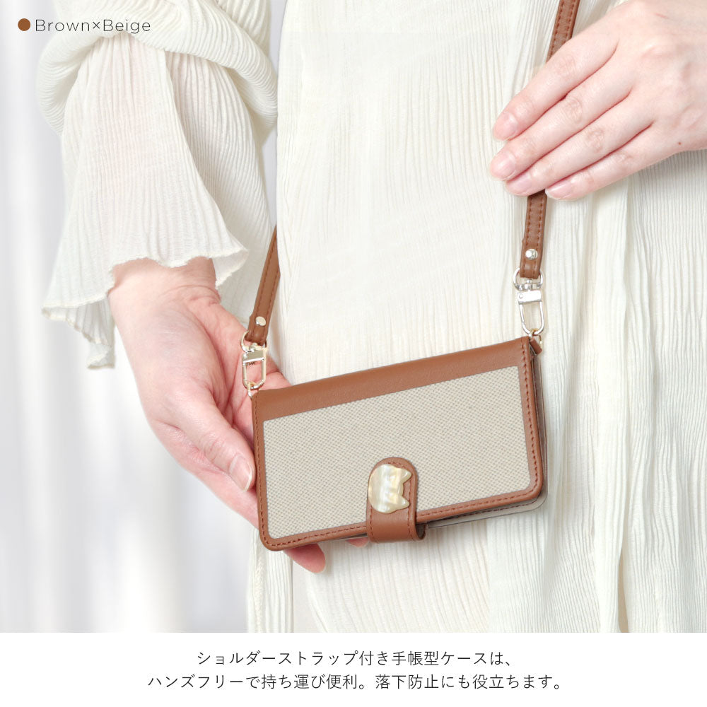 Genuine Leather × Canvas Mixed Material Stand Function Shoulder Strap Included Cat Deco Wallet Case (With Belt) Galaxy Series